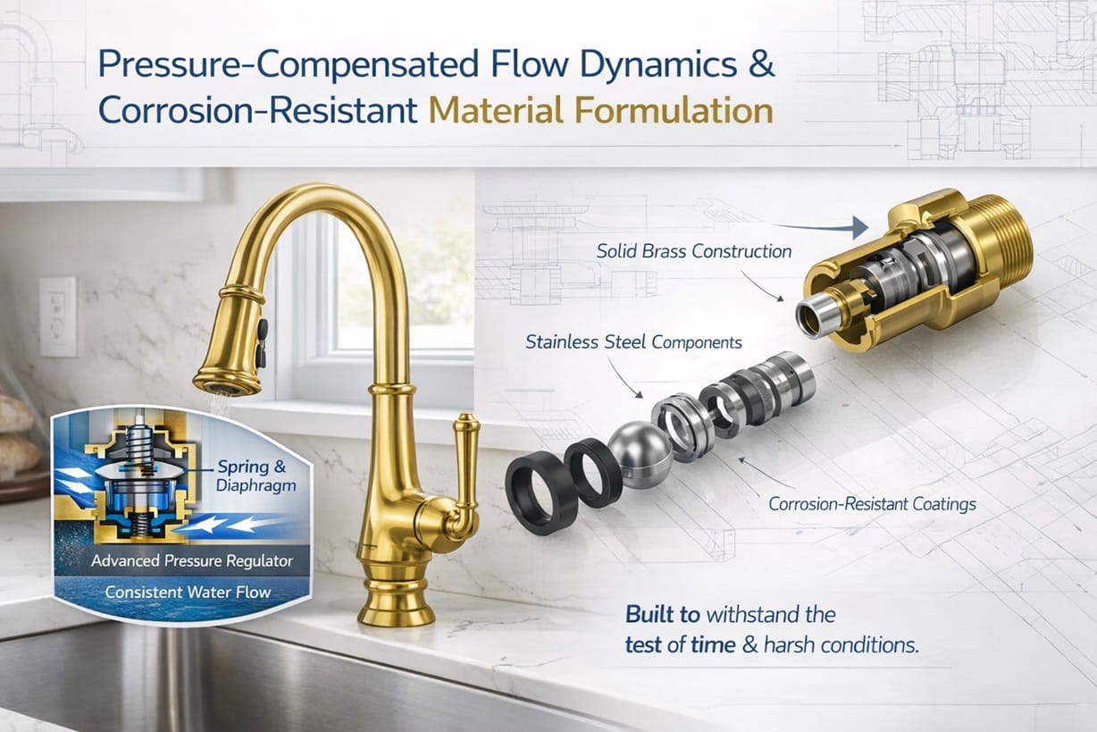 High-performance brass kitchen faucet construction with pressure-compensating aerator and corrosion-resistant engineered coatings